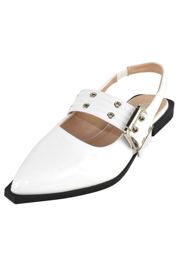 Women Pointed Toe Slingback Flats Elastic Ankle Strap Low Heel Dress Shoes Buckle Design ARTIST-1 White Patent 5.5