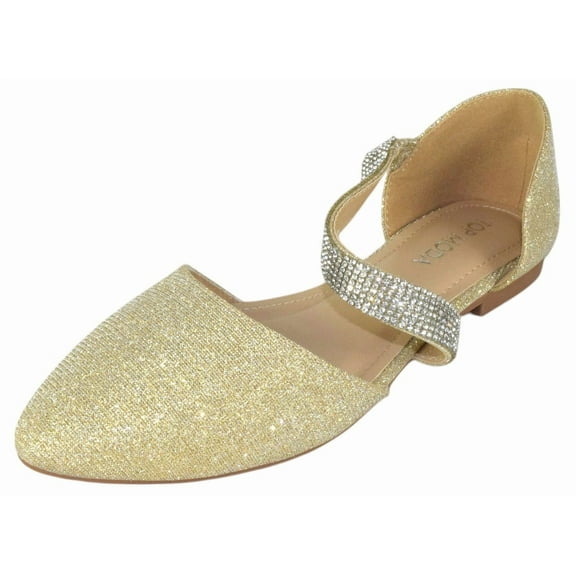TOP MODA Women Shoes Flats Glitter Pointed Toe Dress Flats with Rhinestone Strap Elegant Slip-On Sparkle LENNON-5 Champagne Gold 10