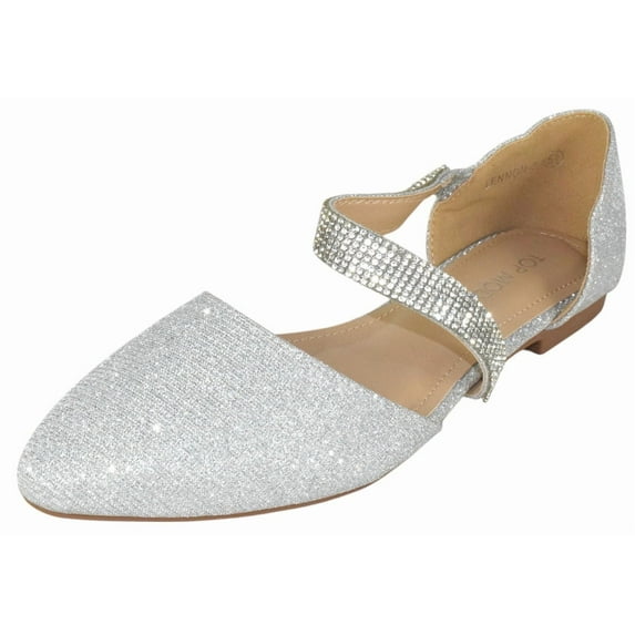 TOP MODA Women Shoes Flats Glitter Pointed Toe Dress Flats with Rhinestone Strap Elegant Slip-On Sparkle LENNON-5 Silver 8.5