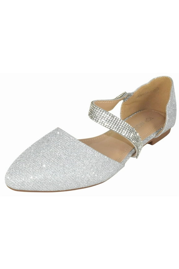 Women Shoes Flats Glitter Pointed Toe Dress Flats with Rhinestone Strap Elegant Slip-On Sparkle LENNON-5 Silver 8