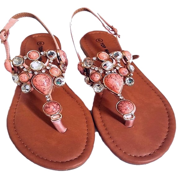 TOP Moda Berry-9 Women's Embellished Precious Gem Stone Crystal Flat Thong Sandals CORAL 5