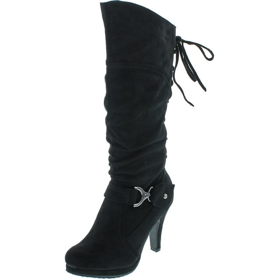 TOP Moda Page-65 Women's Knee Lace-up High Heel Boots, Black Microsuede, 9