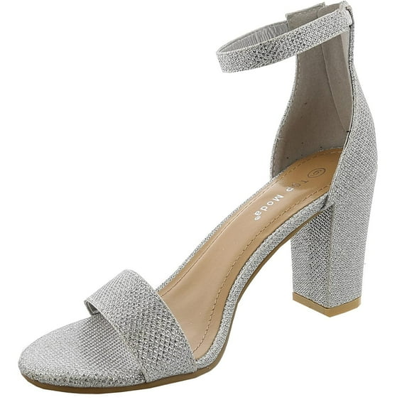 TOP Moda Womens Hannah-1 Chunky High Heel Metallic Glitter Ankle Strap Sandals SILVER 6