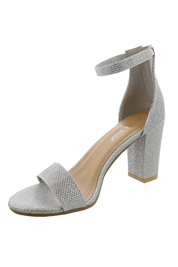 Womens Hannah-1 Chunky High Heel Metallic Glitter Ankle Strap Sandals SILVER 8