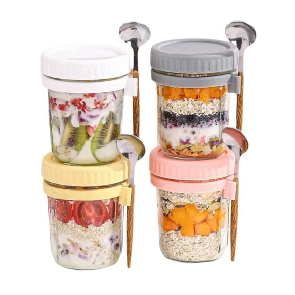 TOP! Reusable Overnight Oatmeal Jar Set, 350 Ml Sealed Glass Jars with Lids and Spoons, Used for Cereal Yogurt.