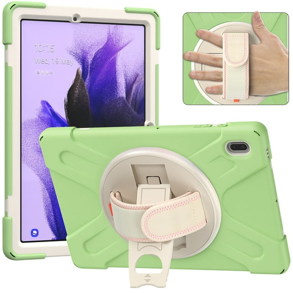TOP SHE Rugged Case for Samsung Galaxy Tab S7 FE (12.4"), Galaxy Tab S7+ Plus Case (12.4 Inch) - Multiple Protection Hard Plastic Silicone Shockproof Cover with Rotating Stand /Hand Strap (Spring)