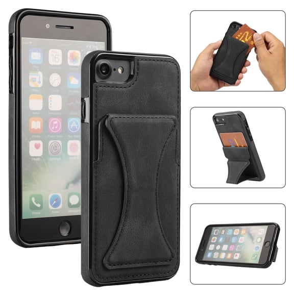TOP SHE Case for 2020 Apple iPhone SE (4.7"), iPhone 8/7 Case (4.7 Inch) - Synthetic Leather Protective Case with Card Slot / Kickstand, Slim Fit Lightweight Simple Fashion Cover (Black)