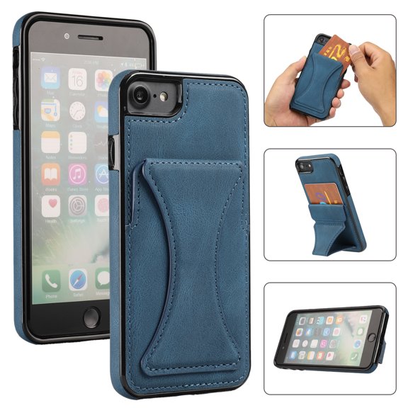 TOP SHE Case for 2020 Apple iPhone SE (4.7"), iPhone 8/7 Case (4.7 Inch) - Synthetic Leather Protective Case with Card Slot / Kickstand, Slim Fit Lightweight Simple Fashion Cover (Blue)