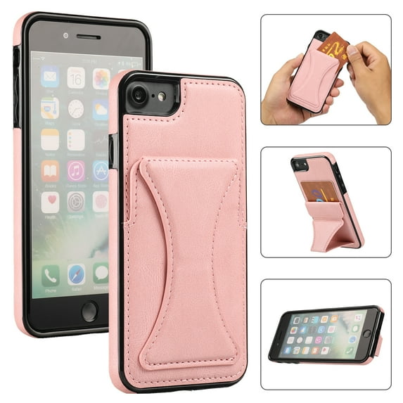 TOP SHE Case for 2020 Apple iPhone SE (4.7"), iPhone 8/7 Case (4.7 Inch) - Synthetic Leather Protective Case with Card Slot / Kickstand, Slim Fit Lightweight Simple Fashion Cover (Rosegold)