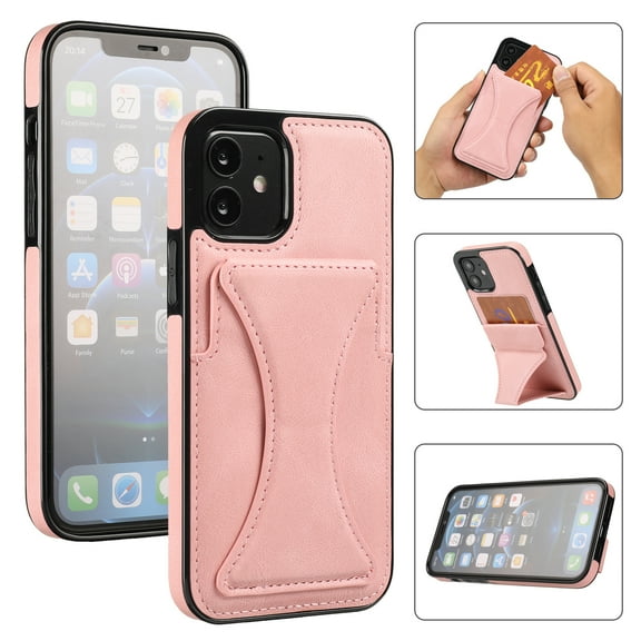 TOP SHE Case for Apple iPhone 12, iPhone 12 Case (6.1 Inch) - Synthetic Leather Protective Case with Card Slot / Kickstand, Slim Fit Lightweight Simple Fashion Cover (Rosegold)