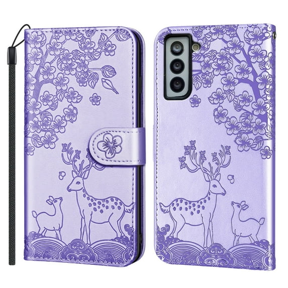 TOP SHE Case For Samsung Galaxy S21, Sika Deer Flip Synthetic Leather TPU Case Cover with Fashion Wallet Lanyard Anti-Scratch Shockproof Bumper Case,Purple