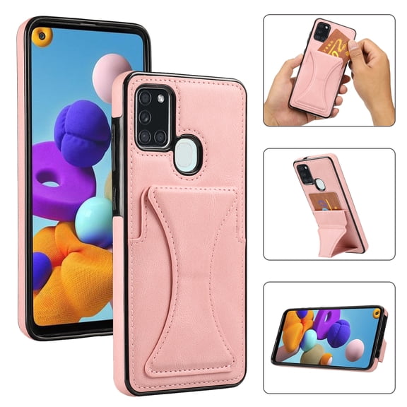 TOP SHE Case for Samsung Galaxy A21S A217M, Galaxy A21S Phone Case (6.5 Inch) - Synthetic Leather Protective Case with Card Slot / Kickstand, Slim Fit Lightweight Simple Fashion Cover (Rosegold)