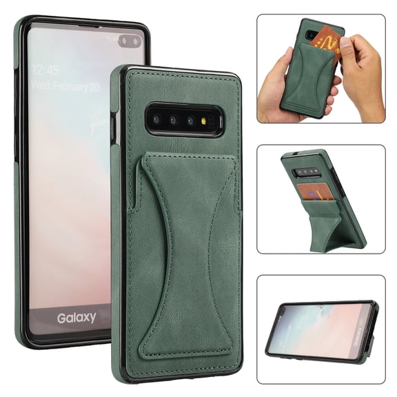 TOP SHE Case for Samsung Galaxy S10 Plus (SM-G975) Cell Phone (6.4 Inch) - Synthetic Leather Protective Case with Card Slot / Kickstand, Slim Fit Lightweight Simple Fashion Cover (Green)