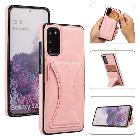 TOP SHE Case for Samsung Galaxy S20 Cell Phone (6.2 Inch) - Synthetic Leather Protective Case with Card Slot / Kickstand, Slim Fit Lightweight Simple Fashion Cover (Rosegold)