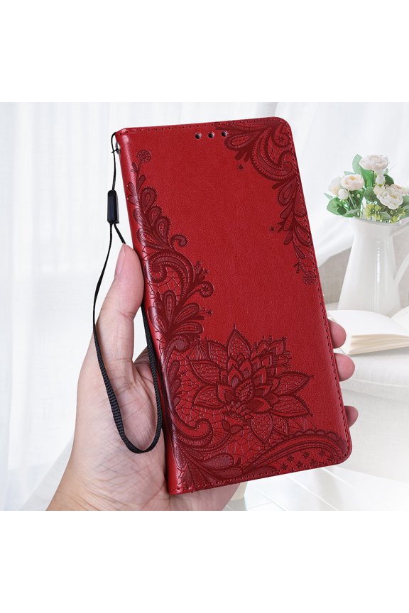 TOP SHE Compatible with iPhone 13 Pro Max Case,PU Pattern Embossed Card Slots Shockproof Magnetic Kickstand Flip Wallet with Wrist Strap Cover.For iPhone 13 Pro Max,Red