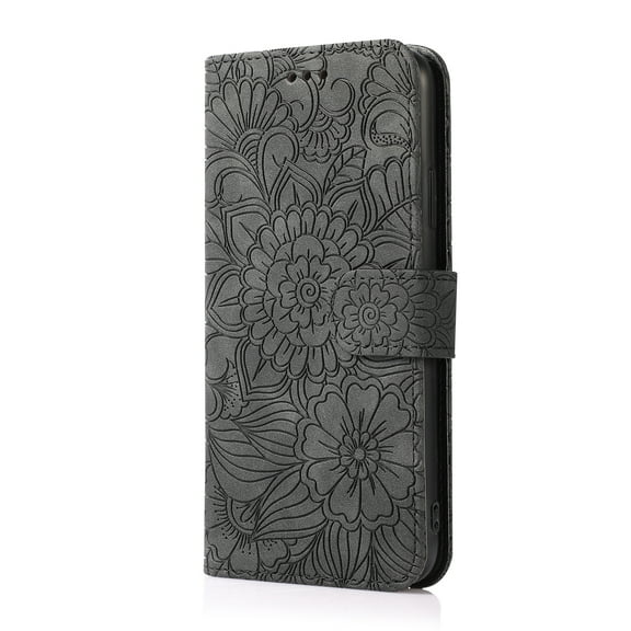 TOP SHE PU Leather Embossed Three Cards Folding Folio Case with Cards Holder Pocket Lanyard Anti-Scratch Shockproof Bumper Cover Case For iPhone 11 6.1",Black