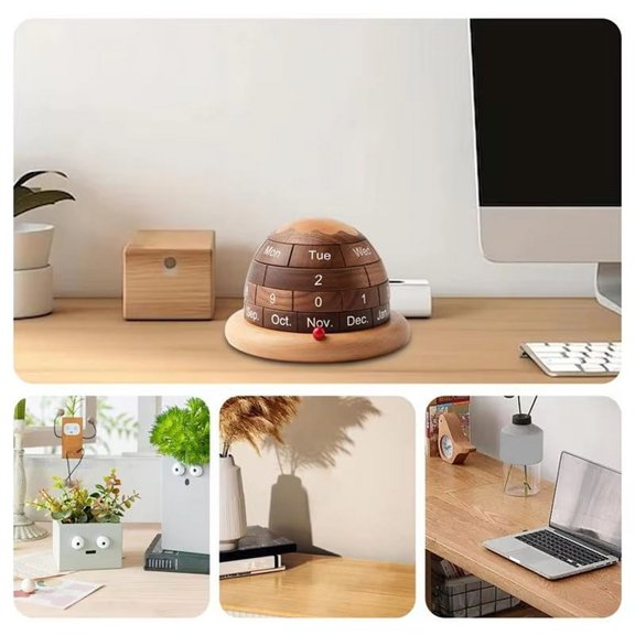 TOP! Walnut Wood Calendar Rotatable Wooden Planet Desk with Heavy Duty Base for Home Office Bedroom Date Week