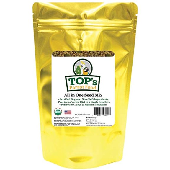 TOPs All-in-One Organic Seed Mix for Medium & Large Parrots, Non-GMO Bird Food Blend, Corn Soy & Peanut Free Diet for Macaws, Cockatoos & African Greys, USDA Organic Certified, 1 lb Bag
