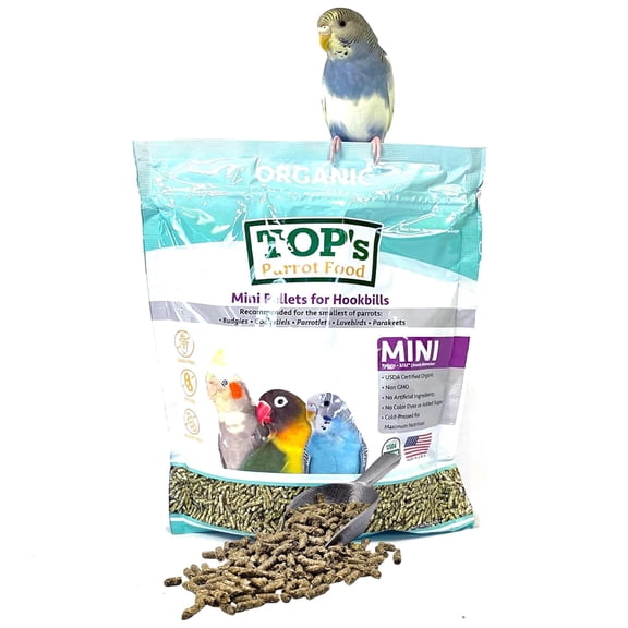 TOPs Parrot Food Mini Pellets for Hookbills, 4 lb, USDA Organic, Non-GMO, Corn Soy & Peanut Free, Small Bird Food for Budgies, Cockatiels, Lovebirds & Parakeets