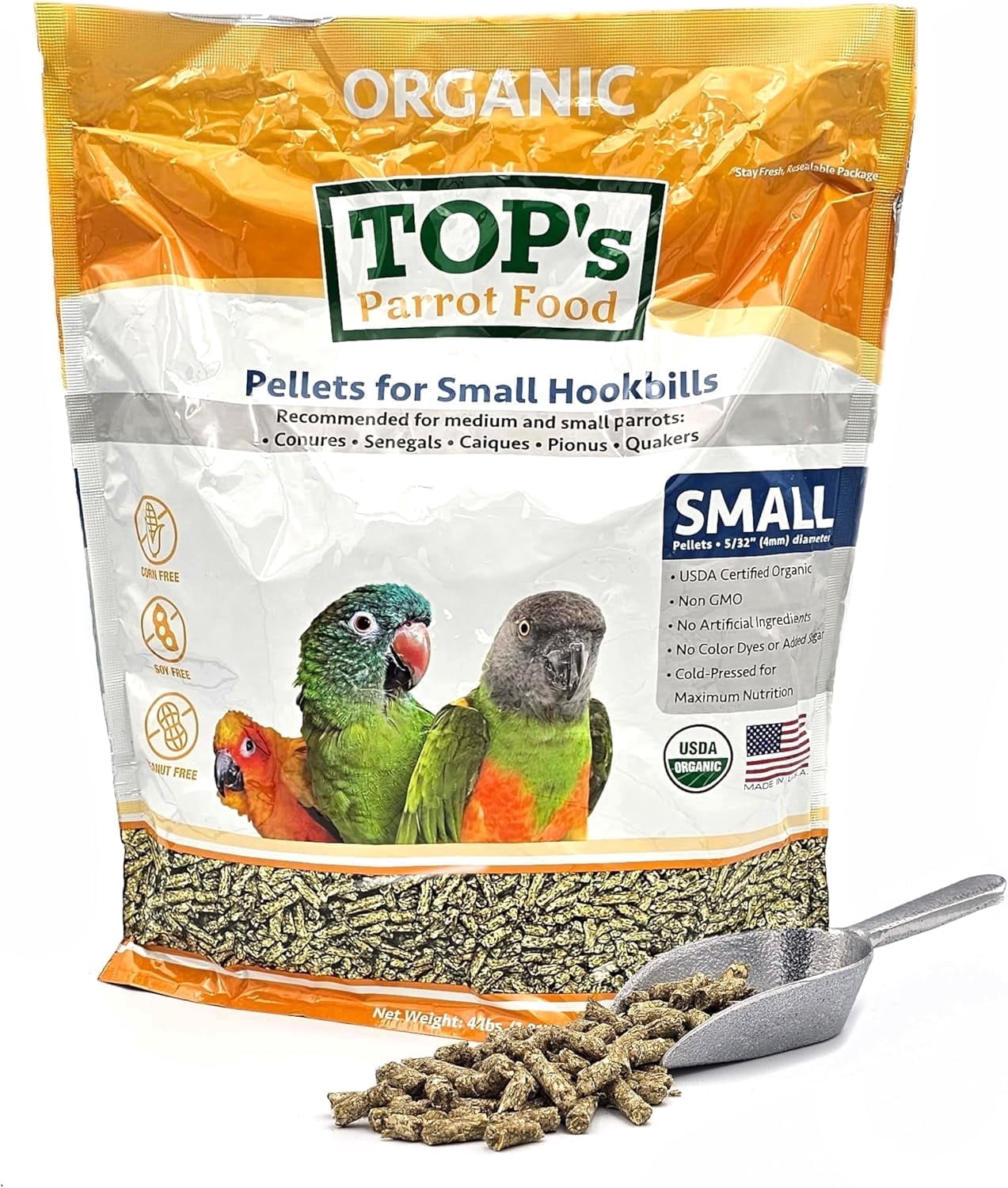 TOP's Parrot Food Small Pellets for Conures, Senegals, Caiques, Pionus, USDA Certified Organic, Human Grade, Non-GMO, Corn, Soy & Peanut Free, 4 lb