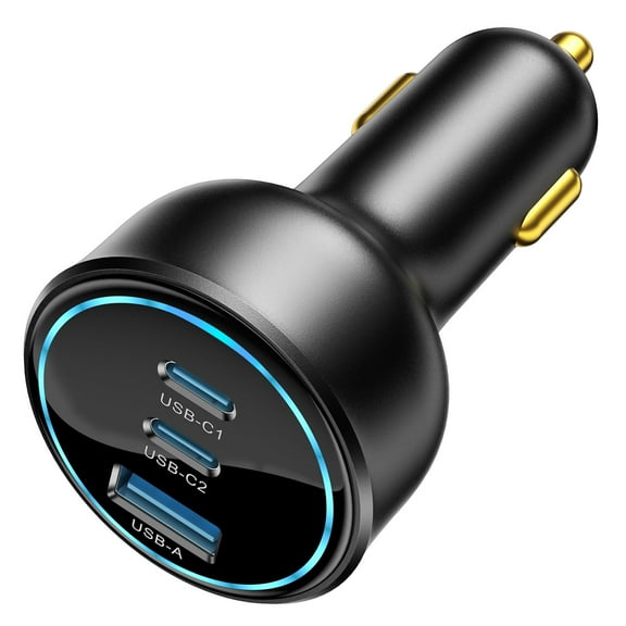 TOPADRE 138W Ultra-Compact Car Charger, 100W PD Fast Charging with LED Ring Display, Dual USB-C & USB-A