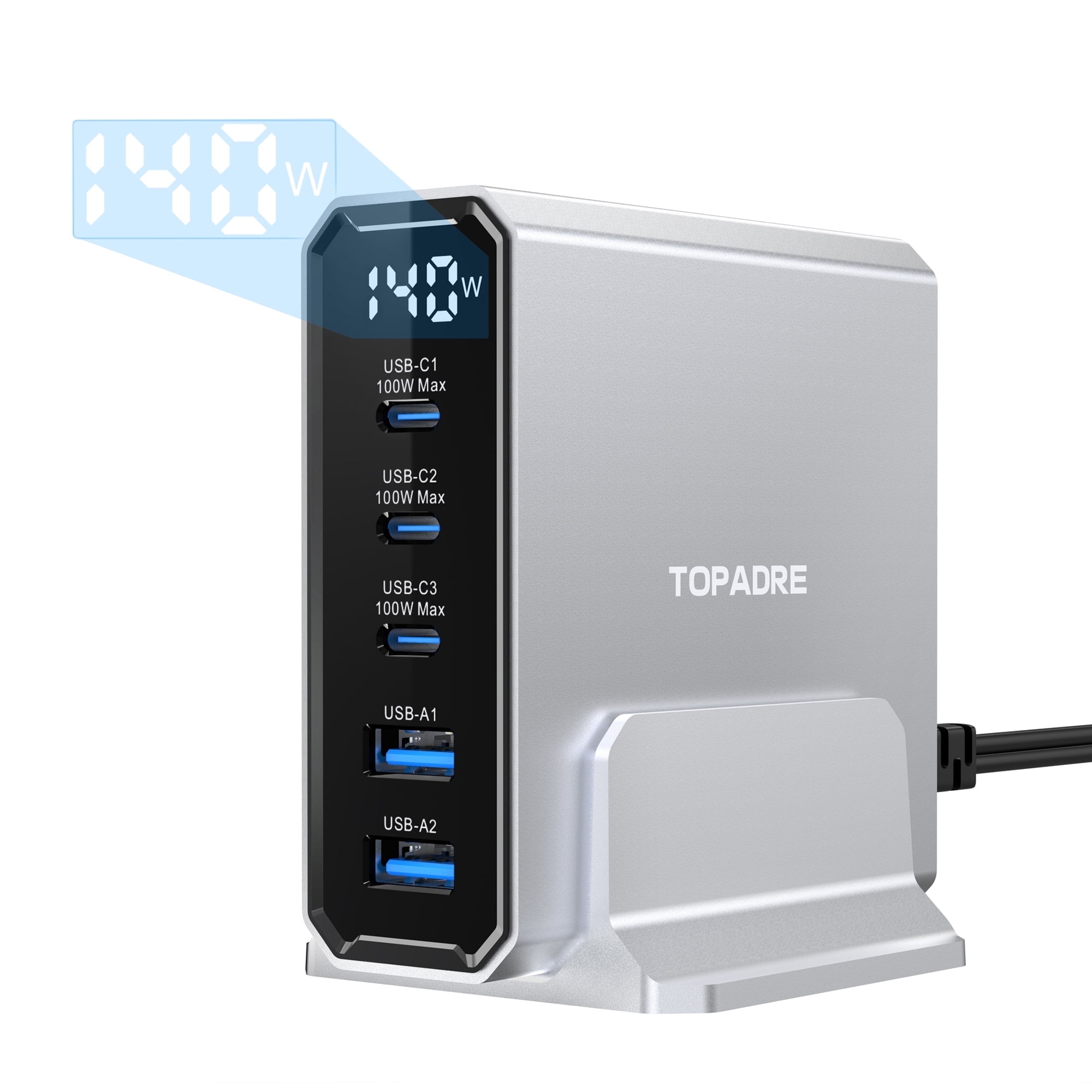 TOPADRE 140W GaN Charger Hub with LED: 3 USB-C + 2 USB-A Ports, 100W PD Fast Charging for Laptop/Phone/Tablet