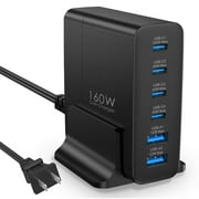 TOPADRE 160W GaN Charger Hub: 4 USB-C + 2 USB-A Ports, 100W PD Fast Charging for Laptop/Phone/Tablet