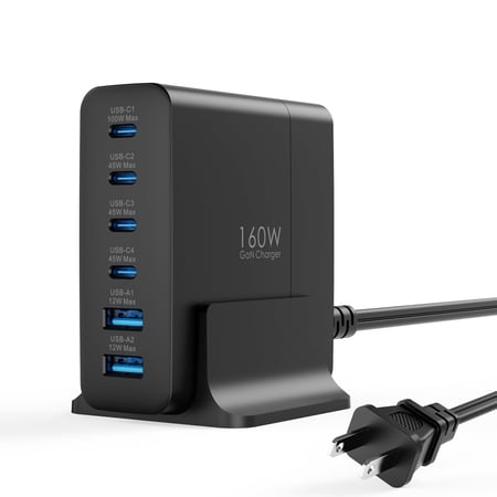 TOPADRE 160W GaN Charger Hub: 4 USB-C + 2 USB-A Ports, 100W PD Fast Charging for Laptop/Phone/Tablet