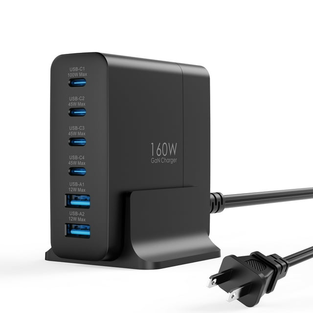 TOPADRE 160W GaN Charger Hub: 4 USB-C + 2 USB-A Ports, 100W PD Fast Charging for Laptop/Phone/Tablet