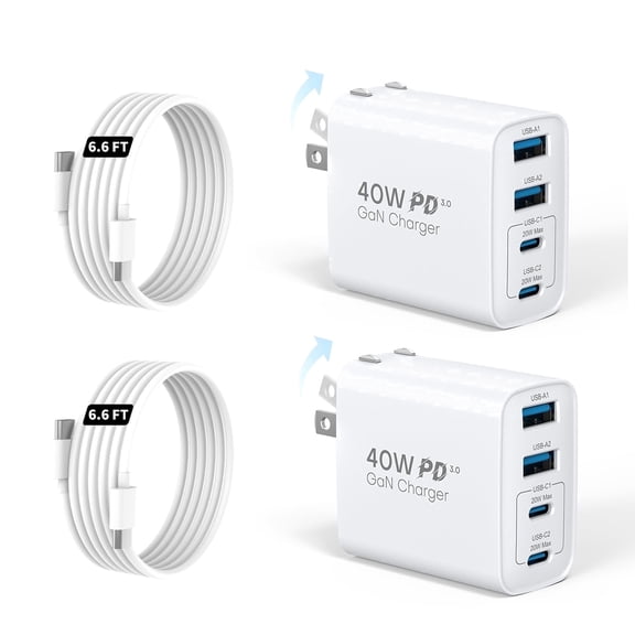TOPADRE 2-Pack 40W USB-C 4-Port Fast PD Charger with 6.6Ft Cable with USB-A and Foldable Plug, Compatible with iPhone 17/17 Air/17 Pro/17 Pro Max/16/16 Pro/16 Pro Max/15/15 Pro Max,iPad Pro/Air/Mini