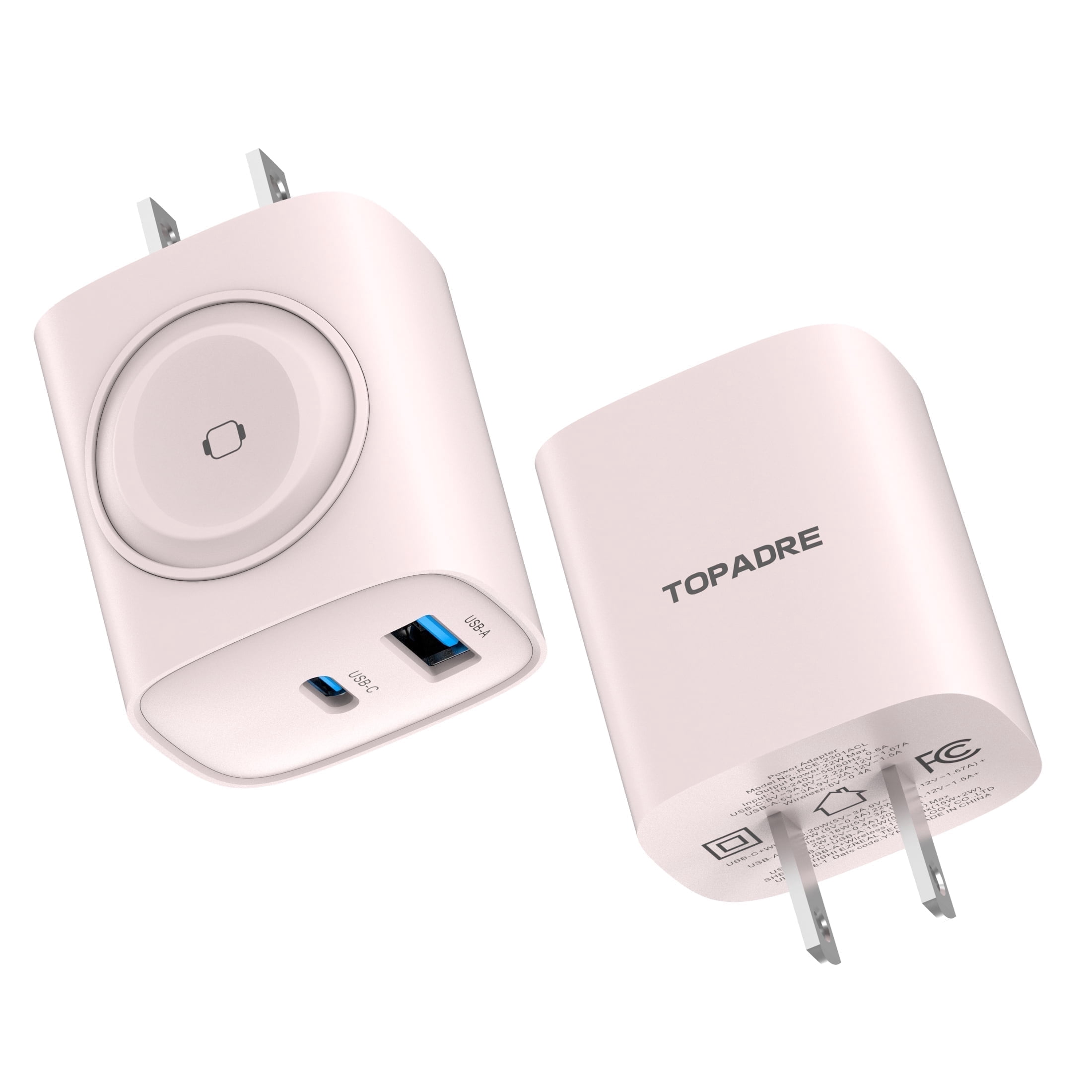 TOPADRE 2-pack Magnetic 3-in-1 20W USB-C Charger Compatible with Apple Watch/iPhone/iPad Series (Pink)