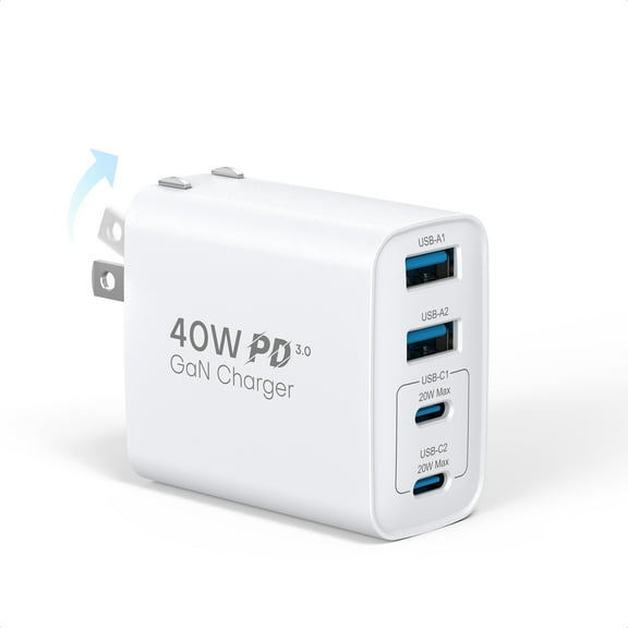 TOPADRE 40W 4-Port Fast Wall Charger, Dual USB-C & Dual USB-A, Foldable Plug, PD up to 20W per Port, for iPhone/Samsung (White)