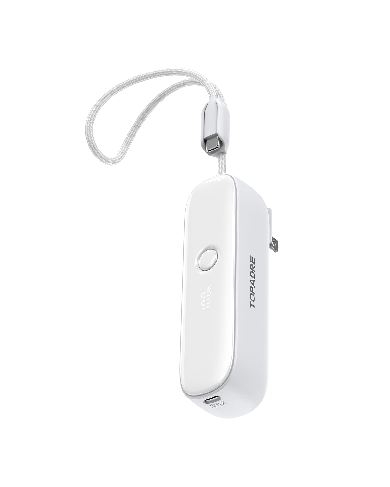 TOPADRE 22.5W Power Bank, 5000mAh Portable Charger with Built-in USB-C Cable, Foldable Plug, Dual Type-C Ports, White