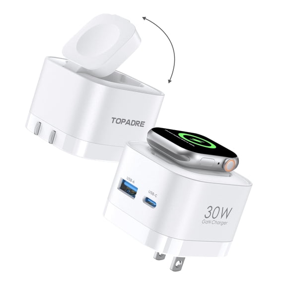 TOPADRE 30W 3-in-1 GaN Wall Charger with Wireless Charging for Smartwatch, USB-C + USB-A Ports, Foldable Plug (White)