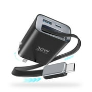 TOPADRE 30W GaN 3-in-1 Fast Charger with Retractable Cable, USB-C + USB-A Wall Plug, Compact PD Charger for Phones & Tablets