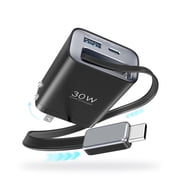 Topadre 30W GaN 3-in-1 Fast Charger with Retractable Cable, USB-C + USB-A Wall Plug, Compact PD Charger for Phones & Tablets