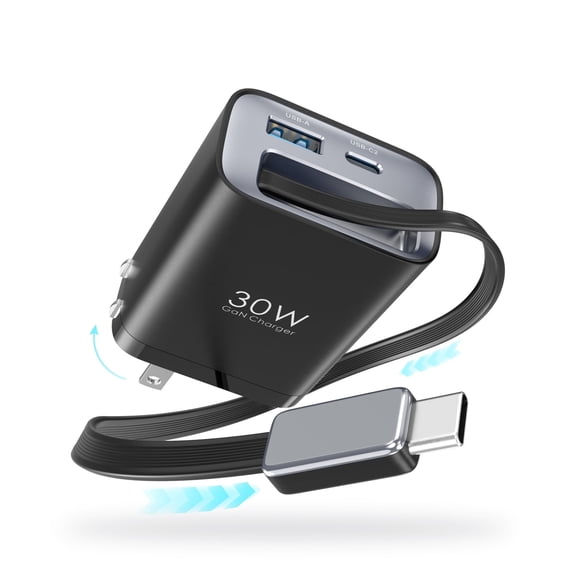 Topadre 30W GaN 3-in-1 Fast Charger with Retractable Cable, USB-C + USB-A Wall Plug, Compact PD Charger for Phones & Tablets