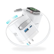 TOPADRE 35W 3-in-1 GaN Wall Charger with Wireless Charging for Apple Watch, USB-C + USB-A Ports, 2.2Ft Retractable Cable, Foldable Plug White