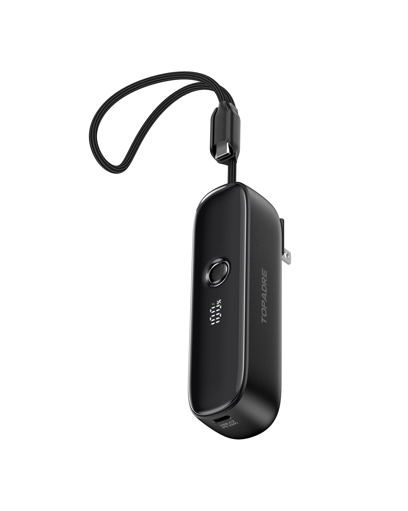 TOPADRE 22.5W Power Bank, 5000mAh Portable Charger with Built-in USB-C Cable, Foldable Plug, Dual Type-C Ports, Black