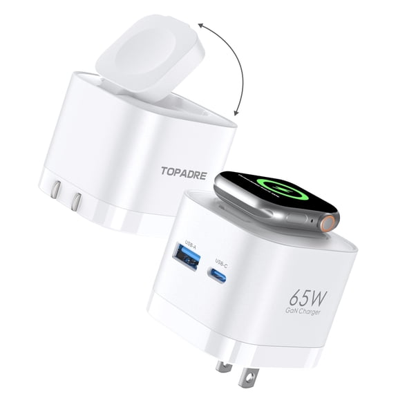 TOPADRE 65W 3-in-1 GaN Fast Wall Charger with Wireless Charging for Apple watch, USB-C + USB-A Ports, Foldable Plug (White)