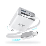 Topadre 65W GaN Charger with Built-in 3.5ft Retractable Cable, 3-Port PD Fast Charging Compatible with iPhone/Samsung Series -White