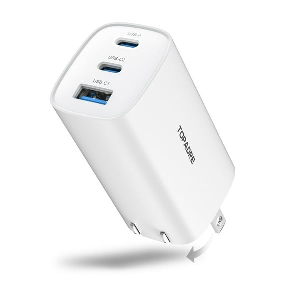 TOPADRE 65W USB-C Charger, Foldable Plug & 3-Port PD Fast Charging compatible with iPhone/Samsung - White