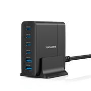 TOPADRE 75W 4-Port USB-C Charger with Desktop Stand, 2C + 2A Fast Charging Station, Black, Compatible with iPhone/iPad/Samsung
