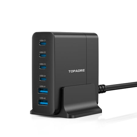 TOPADRE 75W 4-Port USB-C Charger with Desktop Stand, 2C + 2A Fast Charging Station, Black, Compatible with iPhone/iPad/Samsung