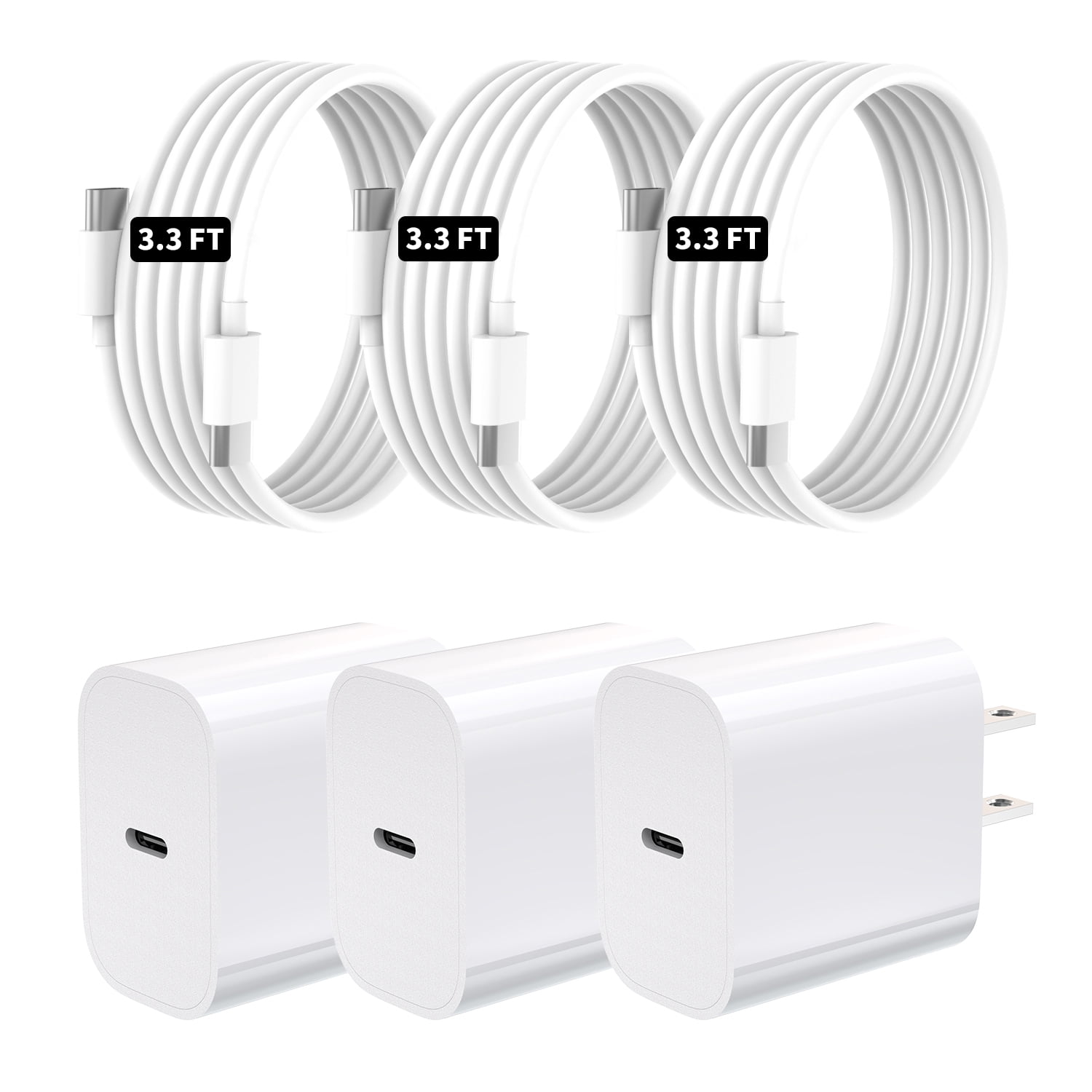 TOPADRE 3-Pack 20W Fast Charger with USB-C to USB-C Cable, PD Wall Adapter, Compatible with iPhone 15/16 (White)
