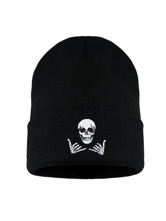 Skeleton Beanie Hat for Men Women, Warm Winter Knit Cuffed Hats Gothic Embroidered Graphic Skull Cap