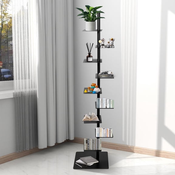 TOPATY Black Floating Bookshelves-Invisible Floating Bookshelf for Wall -9 Tier Wall Bookshelves,Vertical Spine Book Tower,Heavy-Duty Metal Book Organizers for Home,Office,Living Room