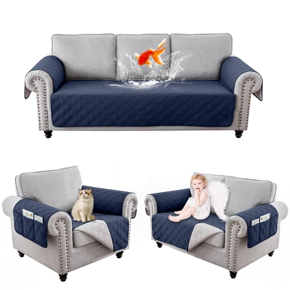 TOPCHANCES 1/2/3 Seater Waterproof Couch Cover Non-Slip Sofa Slipcover Furniture Protector with Side Pocket for Pets Dogs Children Living Room, Dark Blue