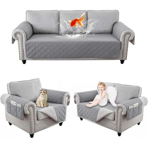 TOPCHANCES 1/2/3 Seater Waterproof Couch Cover Non-Slip Sofa Slipcover Furniture Protector with Side Pocket for Pets Dogs Children Living Room, Light Grey