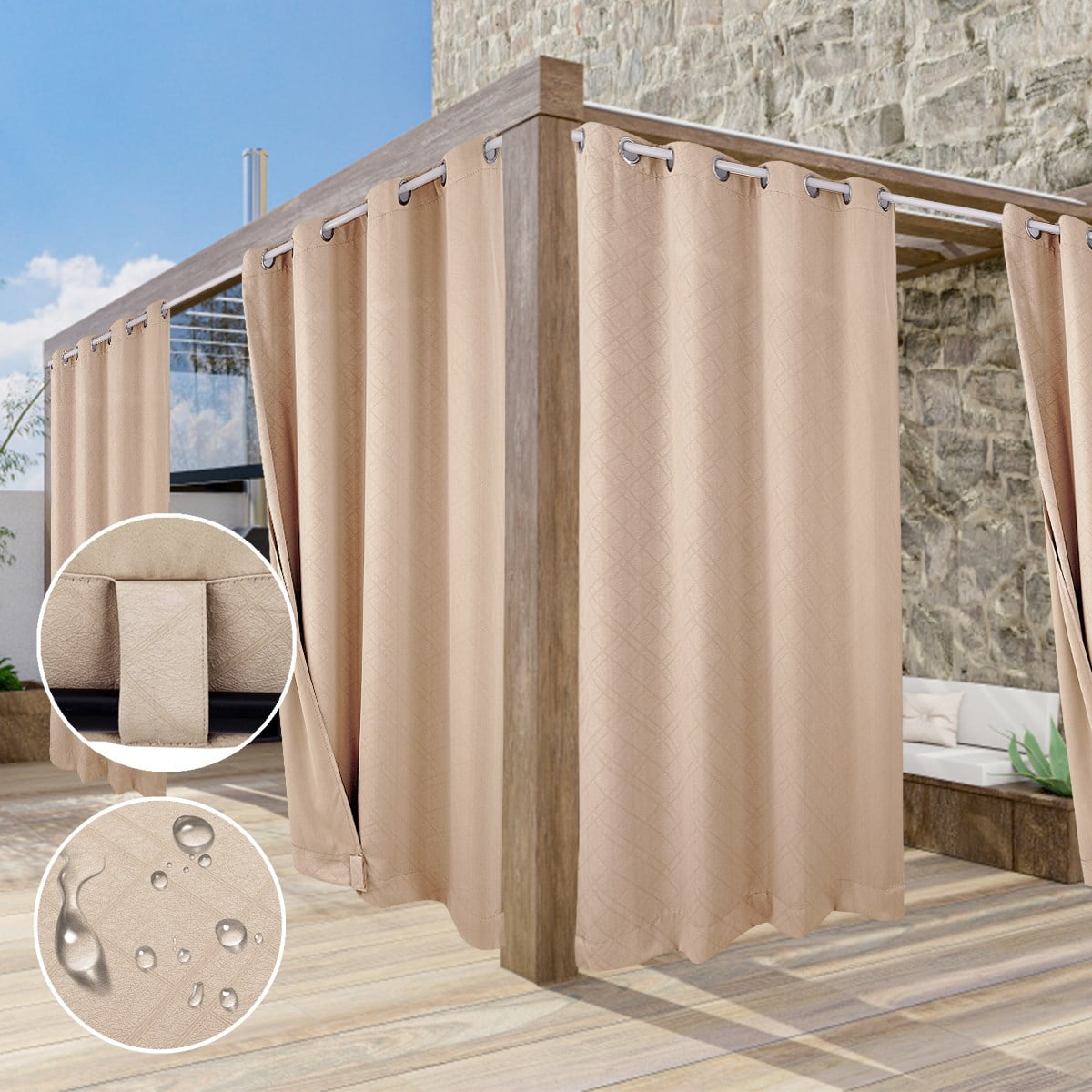 TOPCHANCES 1 Panel Outdoor Curtains for Patio, Waterproof Blackout Outside Curtains with Grommet Top and Tab Bottom, Windproof UV Resistant Drapes for Porch, Pergola, 52 x 94 inch, Beige #2